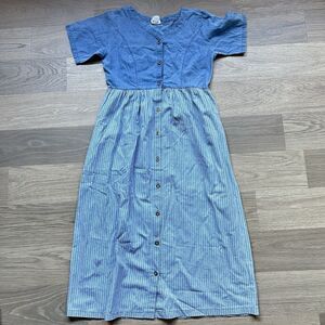 Vtg CC Collection Dress Women Medium Blue Denim Chambray Stripes Maxi Button